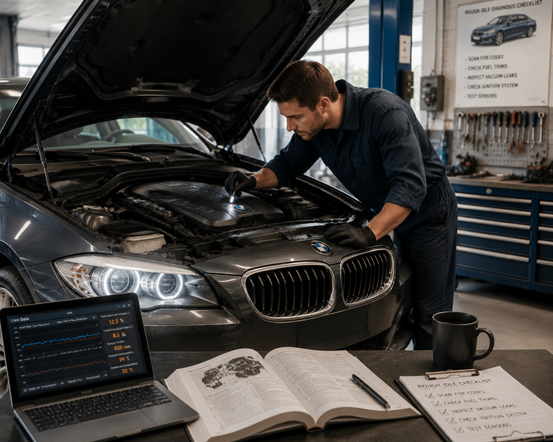 BMW engine diagnostic inspection with a mechanic checking a vehicle after rough idle and DME adaptation reset