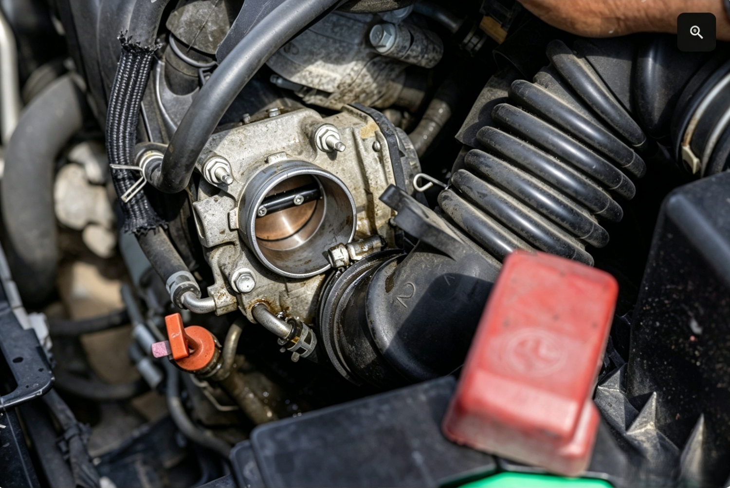 Dirty throttle body with visible carbon buildup removed from intake hose during engine bay inspection for throttle body symptoms diagnosis