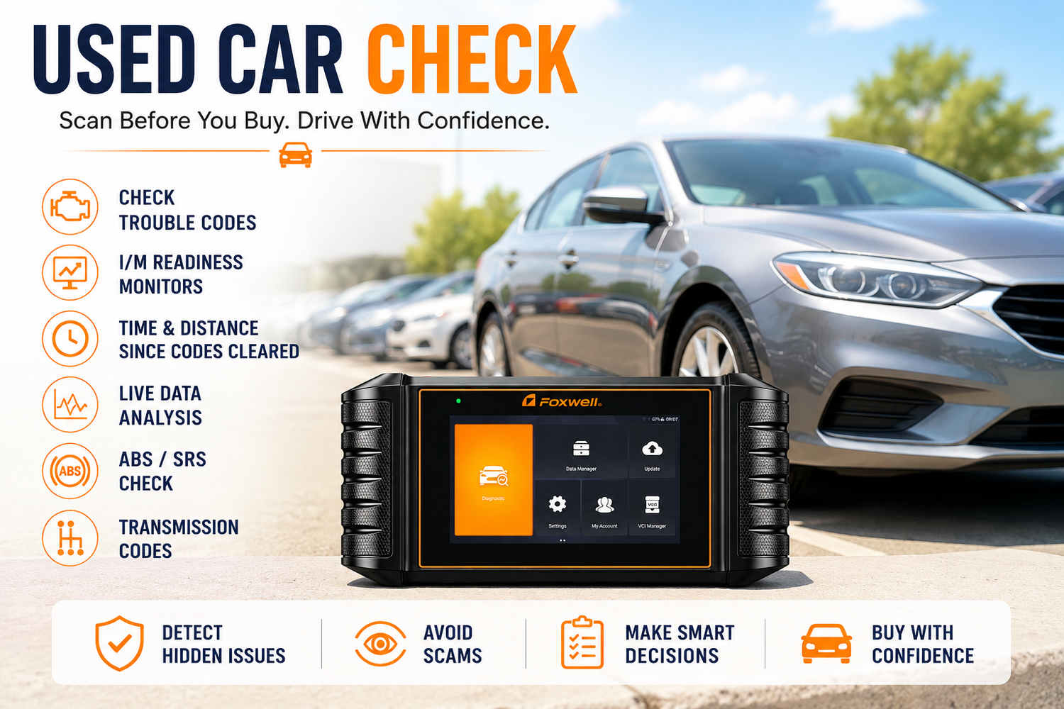 OBD2 scanner for used car inspection, checking trouble codes, I/M readiness monitors, live data, and vehicle systems before buying.