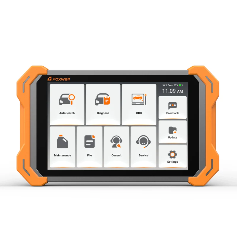 Foxwell NT919 BT automotive diagnostic scanner touchscreen interface showing full system diagnostics, maintenance services, and vehicle scan functions