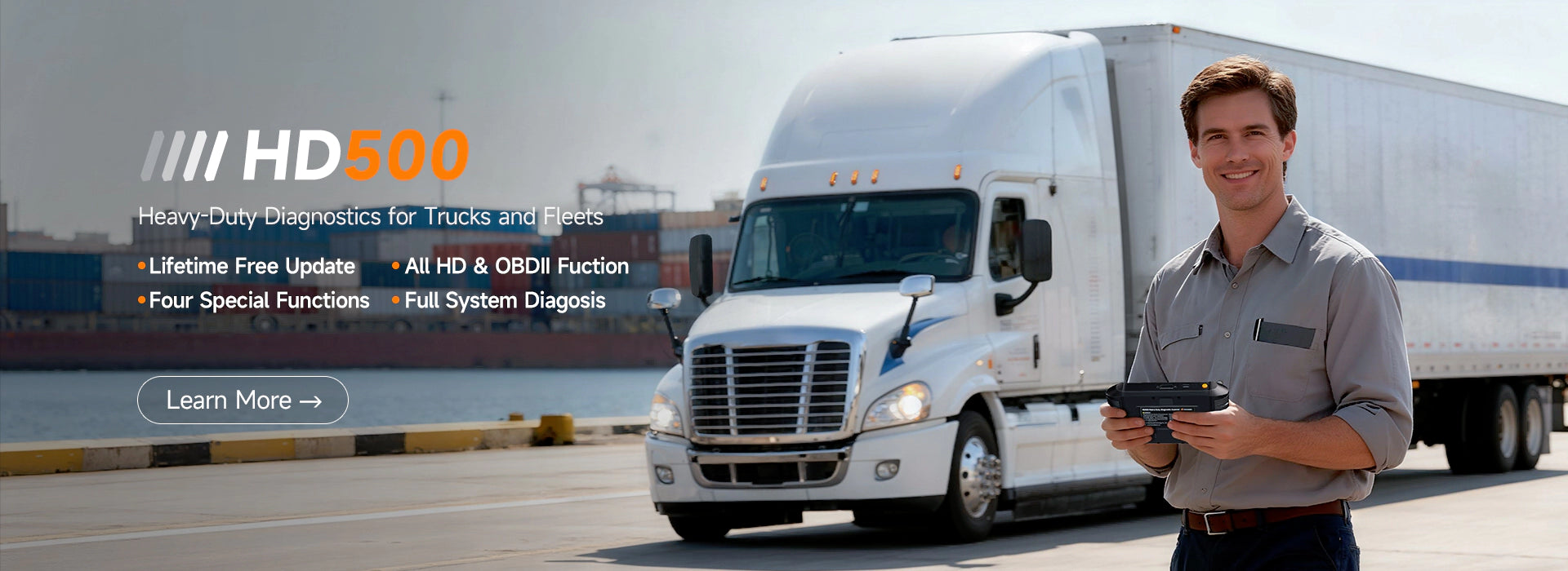 Foxwell HD500 truck scanner offering lifetime free updates, full system diagnostics, and four commonly used special functions