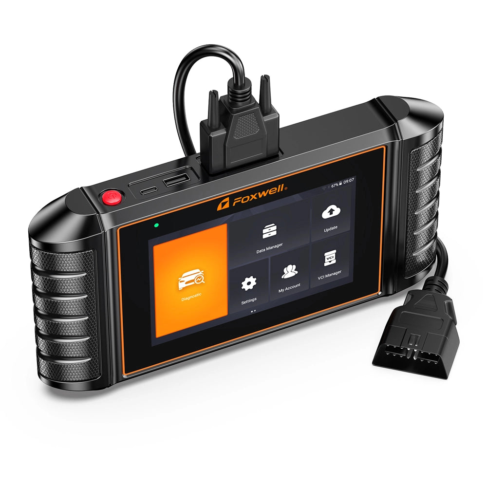 NT710 back view with diagnostic cable connected for seamless vehicle diagnostics.