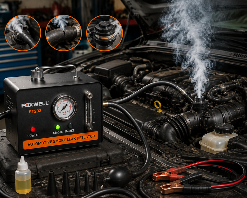 Automotive smoke test: Foxwell machine emits smoke to find leaks on car engine in repair shop