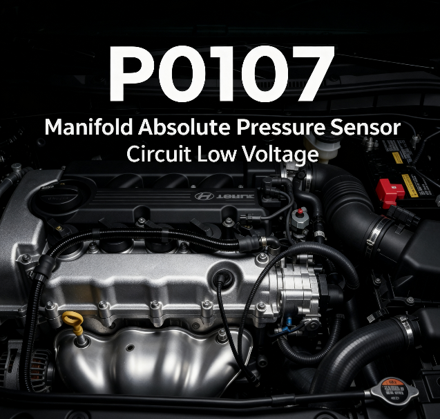 Square photo of a car engine with overlaid text showing fault code P0107, Manifold Absolute Pressure Sensor Circuit Low Voltage