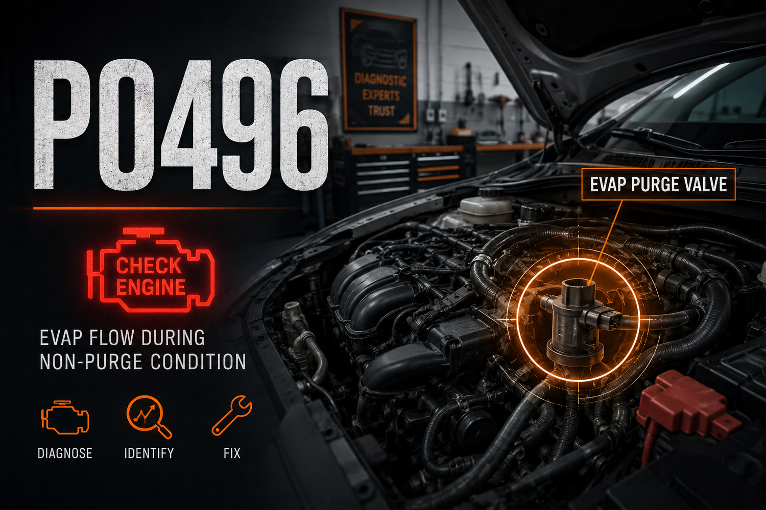 P0496 EVAP flow during non-purge condition code with highlighted EVAP purge valve and Check Engine warning light in a vehicle engine bay.
