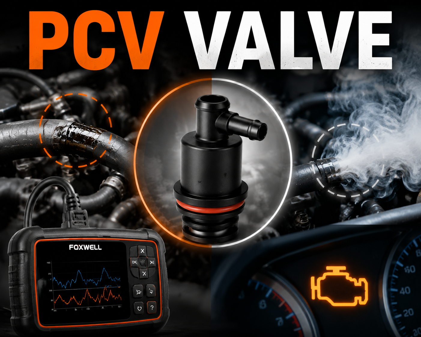 PCV valve diagnosis with OBD2 scanner showing engine data and smoke leak detection for automotive troubleshooting
