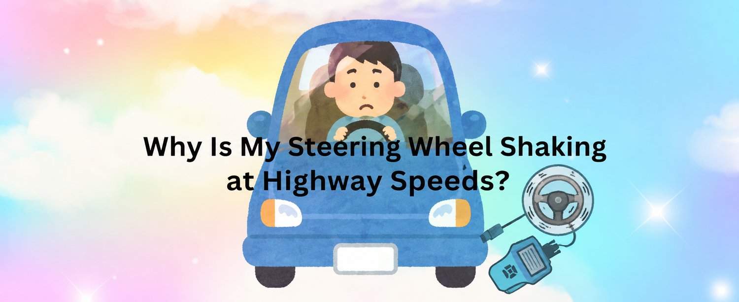 Steering wheel shaking diagnosis showing common causes and OBD2 scanner inspection process