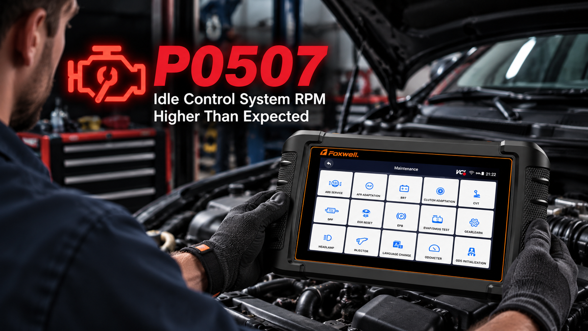 P0507 idle control system RPM higher than expected, with a mechanic using an OBD2 diagnostic scanner to check engine faults in a repair shop