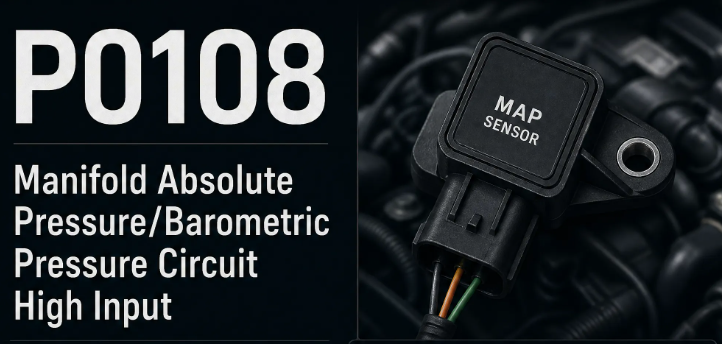 Car diagnostic trouble code P0108 graphic with MAP manifold absolute pressure sensor, text reads Manifold Absolute Pressure/Barometric Pressure Circuit High Input