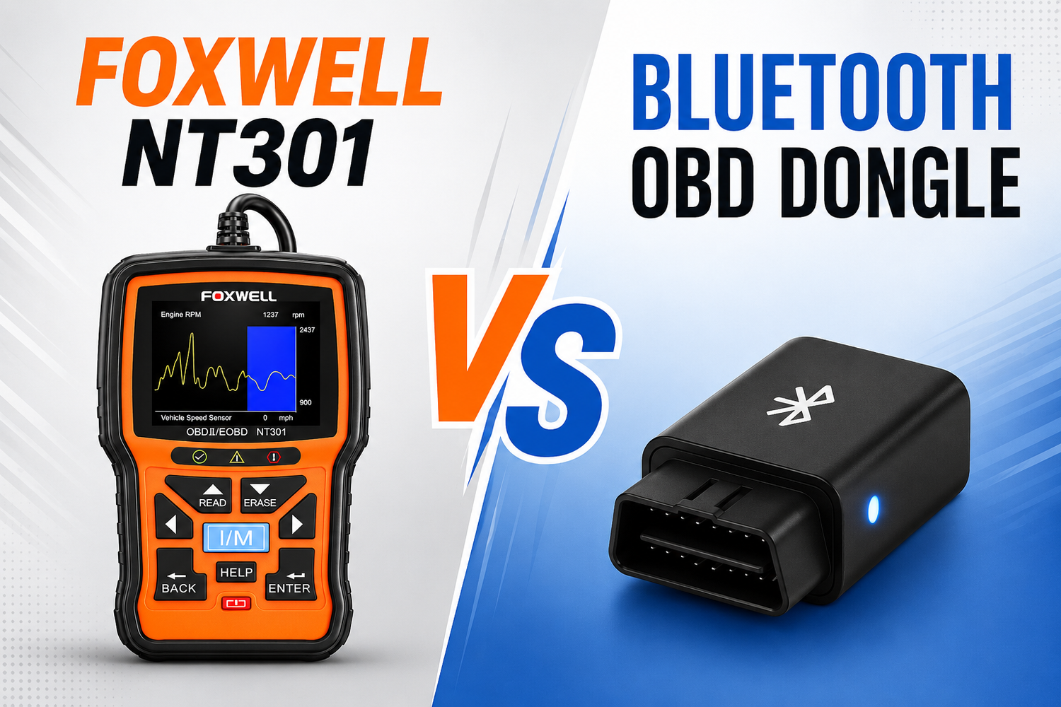 FOXWELL NT301 vs Bluetooth OBD dongle comparison showing a handheld OBD2 scanner and a wireless adapter