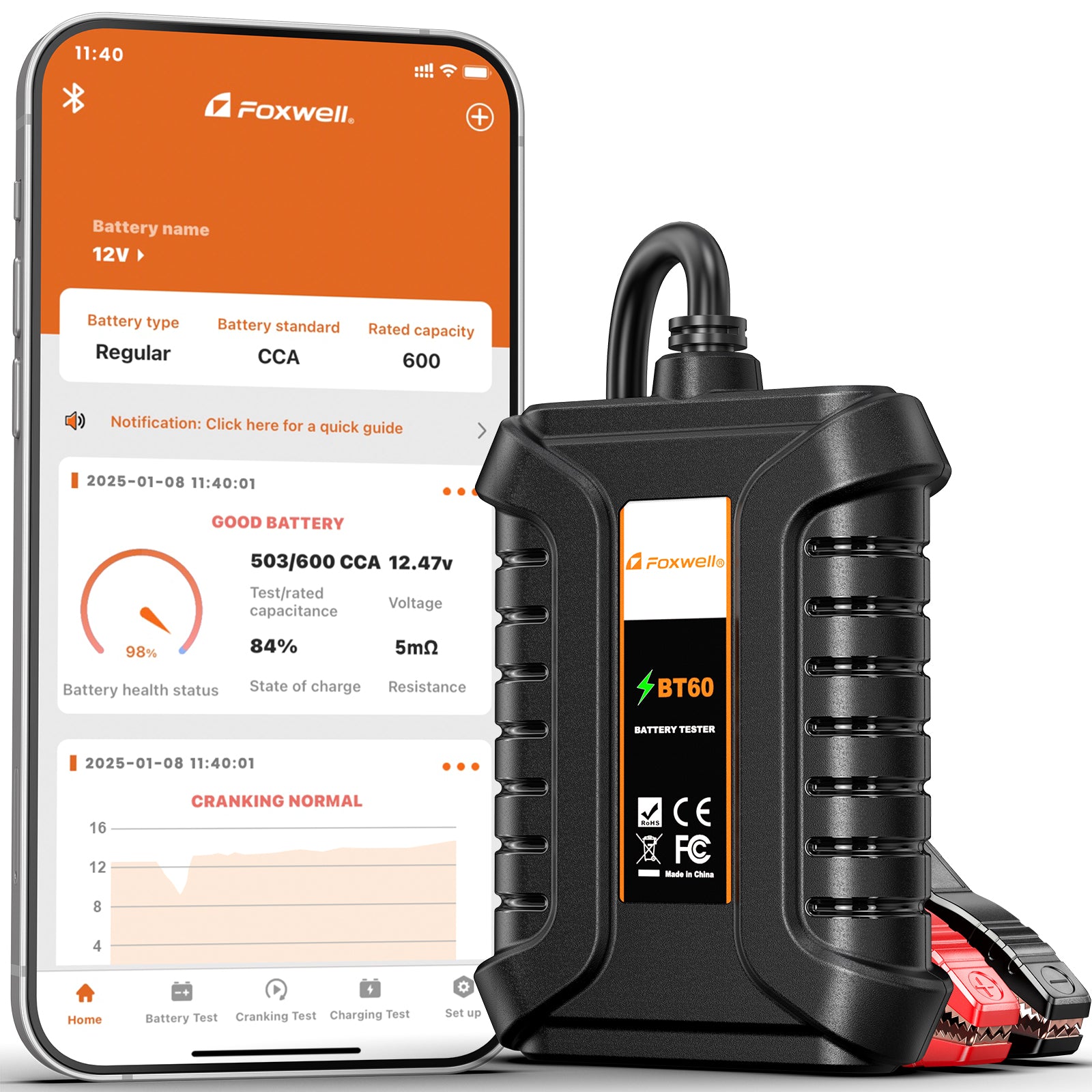 Foxwell BT60 Car Battery Tester, 12V Bluetooth Battery Load Analyzer via App, Cranking & Charging System Test