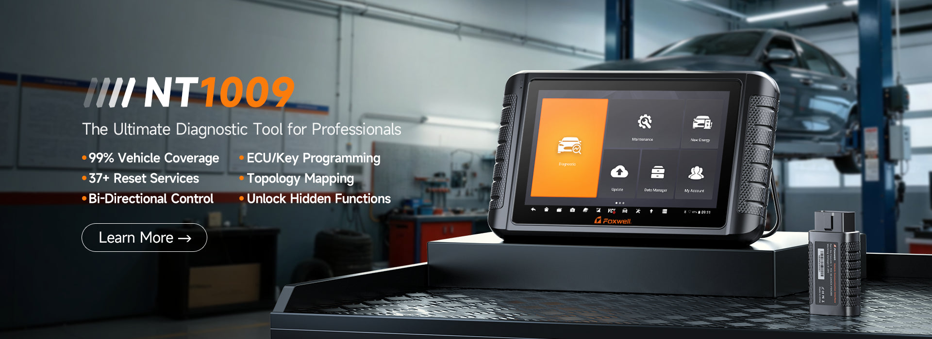 Foxwell NT1009 professional diagnostic tool featuring full system diagnostics, bi-directional control, ECU programming, and extensive vehicle coverage