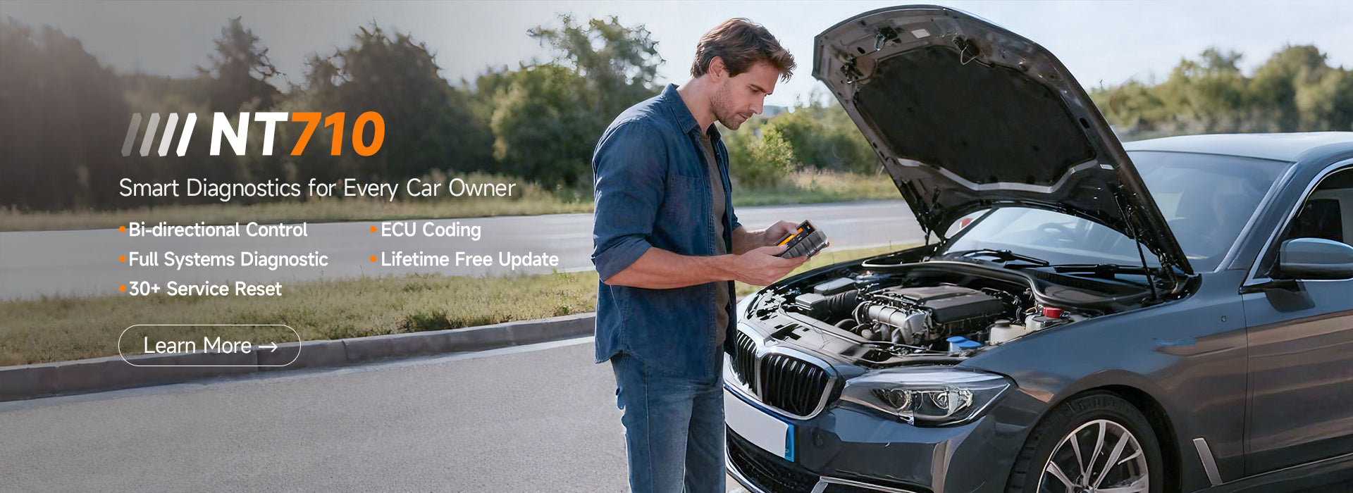 Foxwell NT710 car diagnostic tool offering lifetime free updates, full system diagnostics, and 30 popular special functions