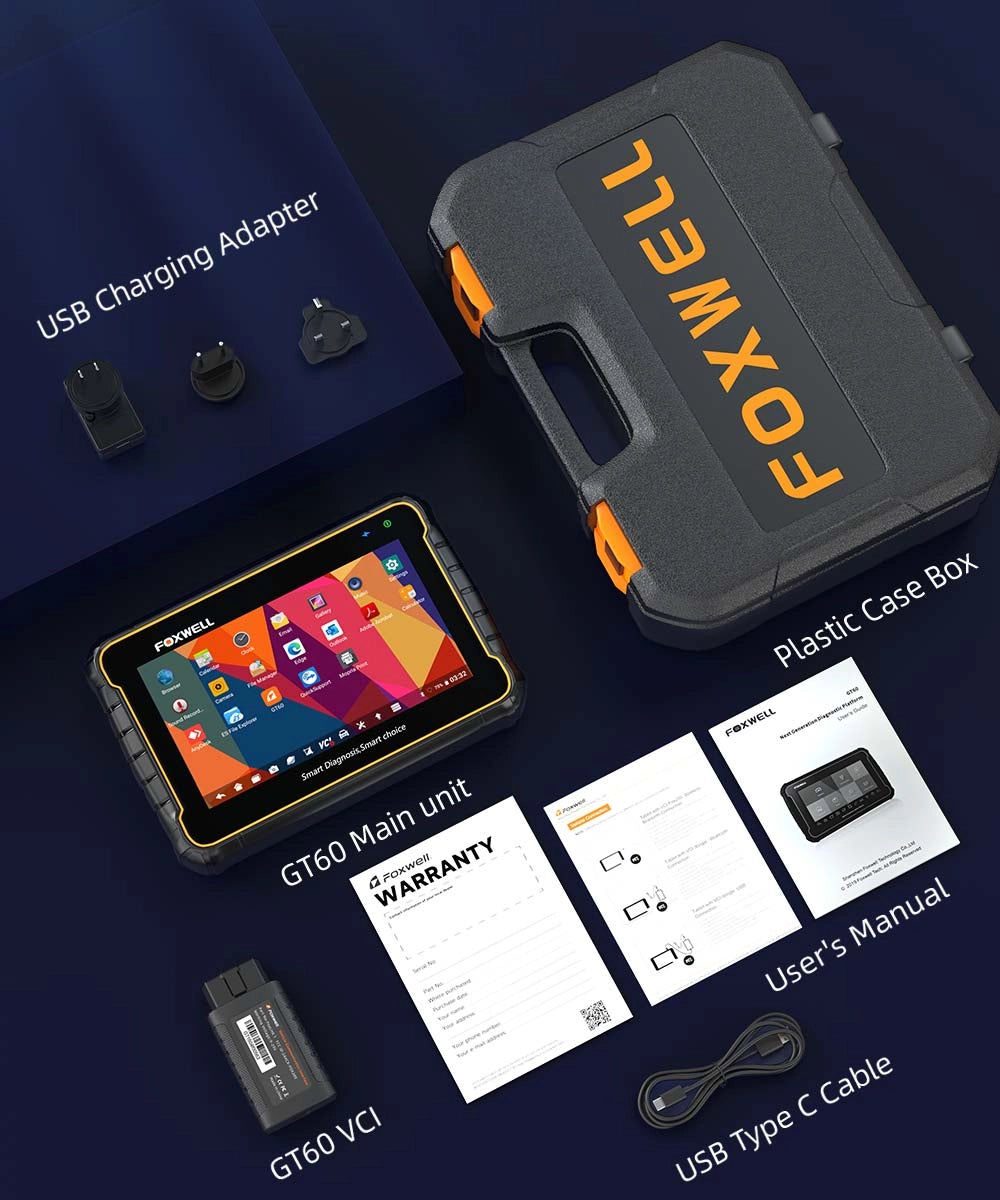 Foxwell GT60 Tool kit including main unit, VCI, charger, case, and accessories.