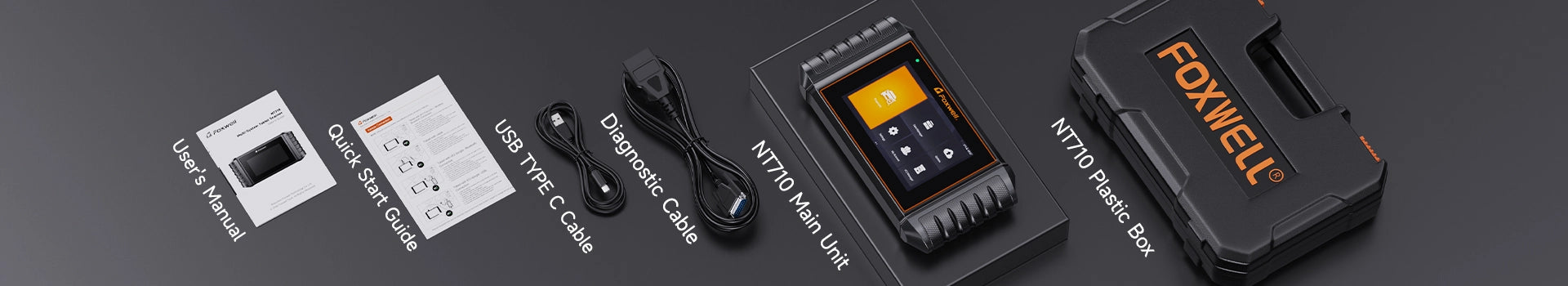 NT710 packing list include BOX, user manual, tablet, diagnostic cable, USB cable.